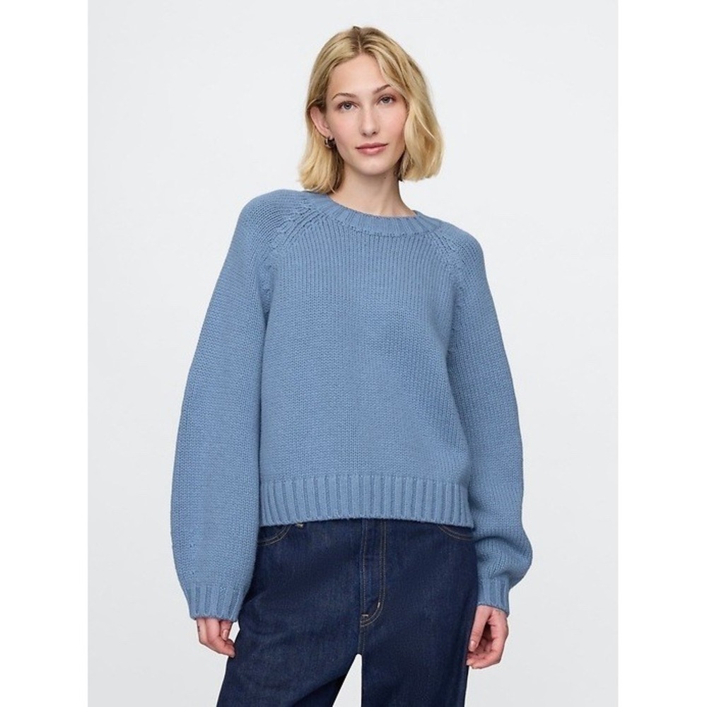 GAP Light Blue Chunky Knit Pullover Sweater Crew Balloon Sleeve Size S Cotton